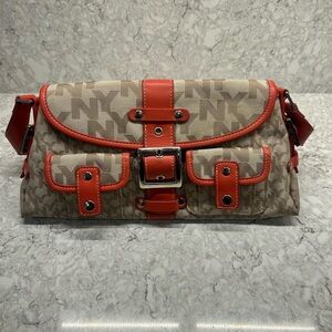 New York & Company Beige Monogram Tote with Coral Trim